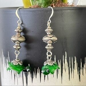 2/$29 Glass Turtle & Silver Bead Earrings 2.25” Ocean Beach Lake Life Nature